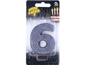 Свеча -цифра "6" Черная глиттер 8см/A